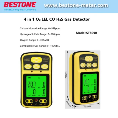 Moniteur de gaz 4 en 1 Monoxyde de carbone, sulfure d'hydrogène, oxygène, détecteur de gaz de gaz combustible Analyseur de gaz d'alarme rechargeable avec fonction d'alarme de rétroéclairage St8990