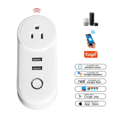 Smart Home 10A Us White Tuya WiFi Télécommande vocale Prise intelligente avec 2 prises électriques USB