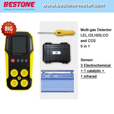 Analyseur de 5 gaz, écran LCD rétro-éclairé Moniteur de 5 gaz simultanément Lel, O2, H2s, Co, CO2 Détecteurs multi-gaz portables 5 en 1